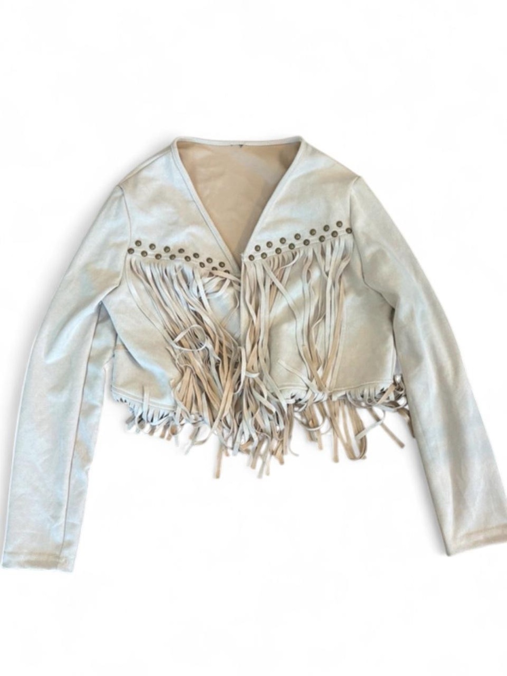 Fringe Faux Suede Cropped Jacket in Light Beige M Coastal Cowgirl Western Rodeo